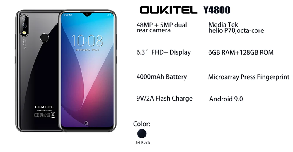 OUKITEL Y4800 Android 9,0 Pie, 6 ГБ, 128 ГБ, 6,3 дюйма, FHD+ капля воды, 4G, смартфон, распознавание лица, отпечаток пальца, 4000 мАч, быстрая зарядка, мобильный телефон