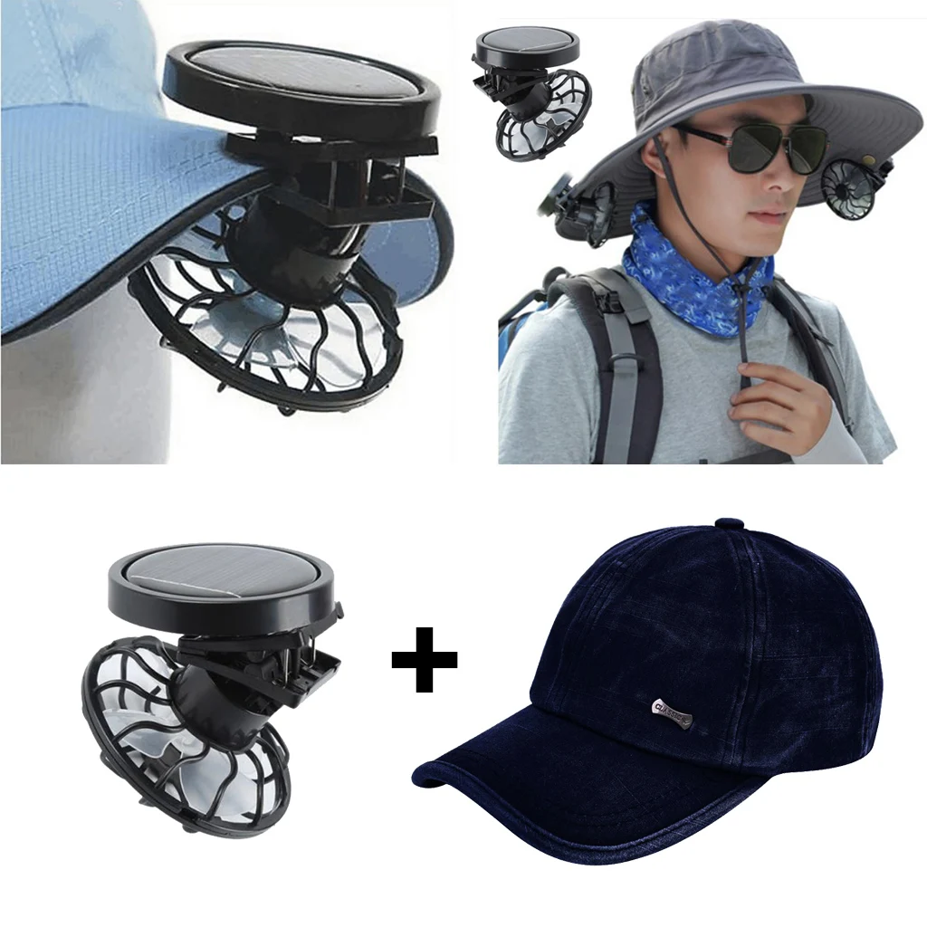 Mini ventilateur solaire portable avec clip casquette Bleu 