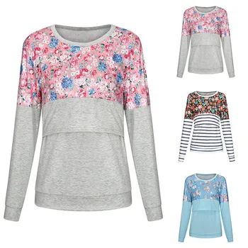 

CYSINCOS Pregant Women Breastfeeding Cotton Top T-shirt Breast Feeding Clothes Floral Printed Mother Long Sleeve Nursing Top Tee