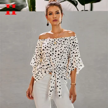 

Women Fashion Blouse Sexy Slash Neck Summer Tops Polka Dots Printed Three Quarter Sleeve Loose Blouse Women Clothes Shirts