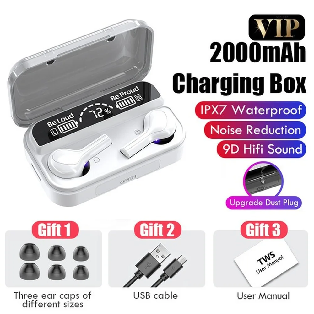 TWS Bluetooth 5 0 Earphones Sports Waterproof Earbuds Headsets With Microphone2000mAh Charging Box Wireless Earbuds 9D Stereo