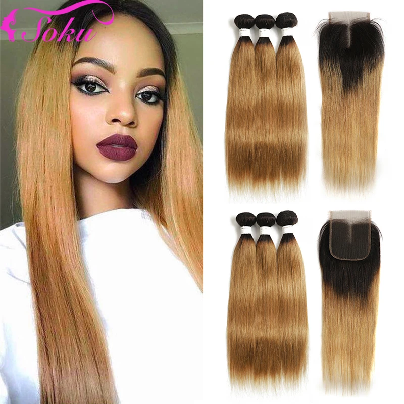 T1B/27 Ombre Blonde Bundles With Closure 4x4 SOKU Brazilian Straight Human Hair Weave Bundles With Closure Non-Remy Hair Bundles