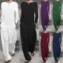 Cotton Plus Size Women Jumpsuit Fashion Loose Solid Color Long Sleeve Wide Leg Playsuit With Pockets overol mujer 2020 New Hot E