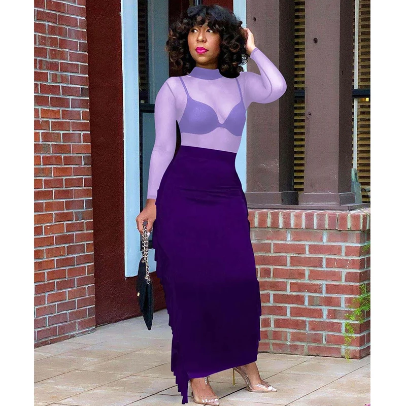 

Two Piece Set Sexy Mesh See Through Tee Shirts+High Waist Tassel Pencil Maxi Skirts Outfits 2021 Fall Night Club Party Clothes