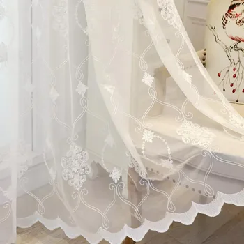 

White Floral Embroidered Sheer Curtain for Living Room Country Style Lace Wave Bottom Mesh Organza Bay Window Drapes m224C