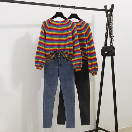 Женские джинсовые штаны, комплект одежды, длинный рукав, o-образный вырез, полосатый вязаный свитер+ джинсы с высокой талией, брюки, комплект из двух предметов,, женская одежда