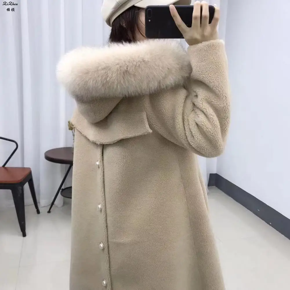 ZiZhen шерстяной Тренч замшевая подкладка с лисьим мехом отделка капюшоном теплые карманы зимние женские длинные однотонные пальто WZ1989
