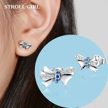 925 пробы Серьги-гвоздики с милым бантом и прозрачным фианитом для женщин, модные ювелирные изделия, подарок на день Святого Валентина