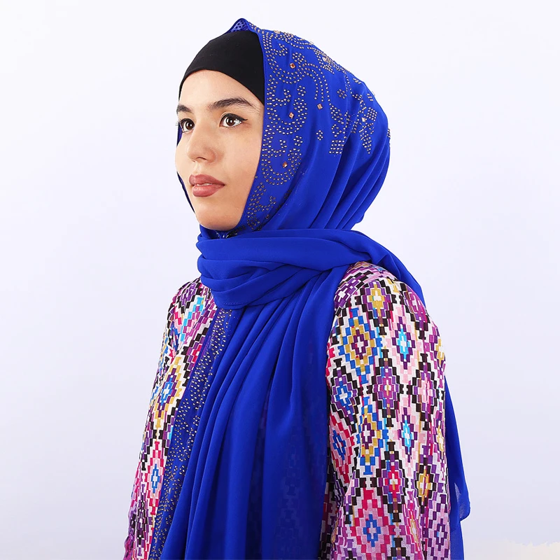 

70*170cm Muslim Headscarf for Women Solid Chiffon Arab Wrap Head Scarf With Drill Instant Shawl Hijab femme Islamic foulard