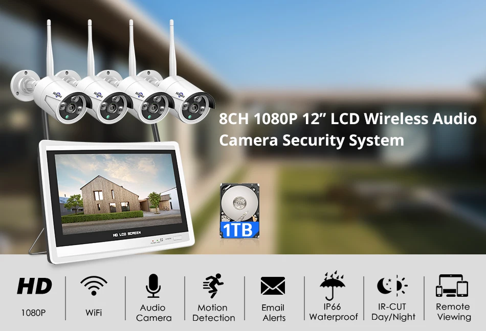 1080P 8CH беспроводная камера видеонаблюдения системы безопасности H.265 12 дюймов ЖК-экран NVR wifi уличная IP камера 2MP 1T HDD