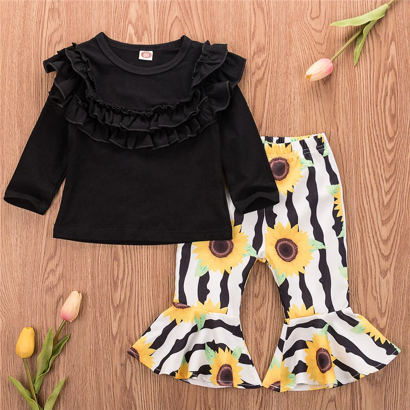 Autumn New Fashion Infant Clothing Baby Girl Clothes Long Sleeve Black Tops+Pants 2 Pcs Newborn Toddler Baby Clothing Set