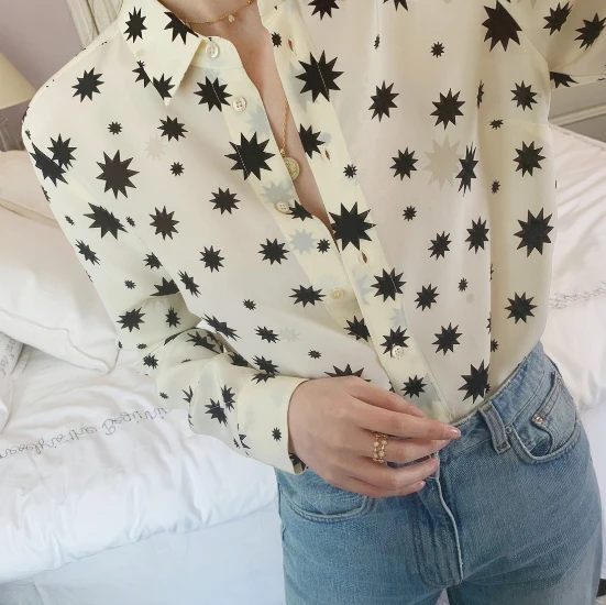 Women Explosion Star Print Blouse Long Sleeve Shirts Turn Down Collar Button Tops - Color: As show picture
