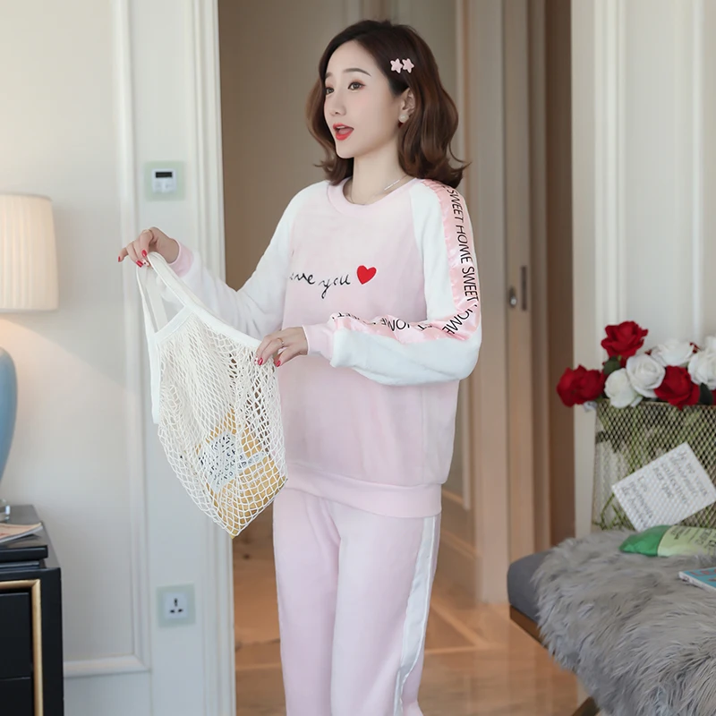 Зимняя теплая Домашняя одежда pijama mujer полная длина простой строчкой стиль Женские Фланелевые пижамы комплект kawaii розовый из двух предметов пижамы