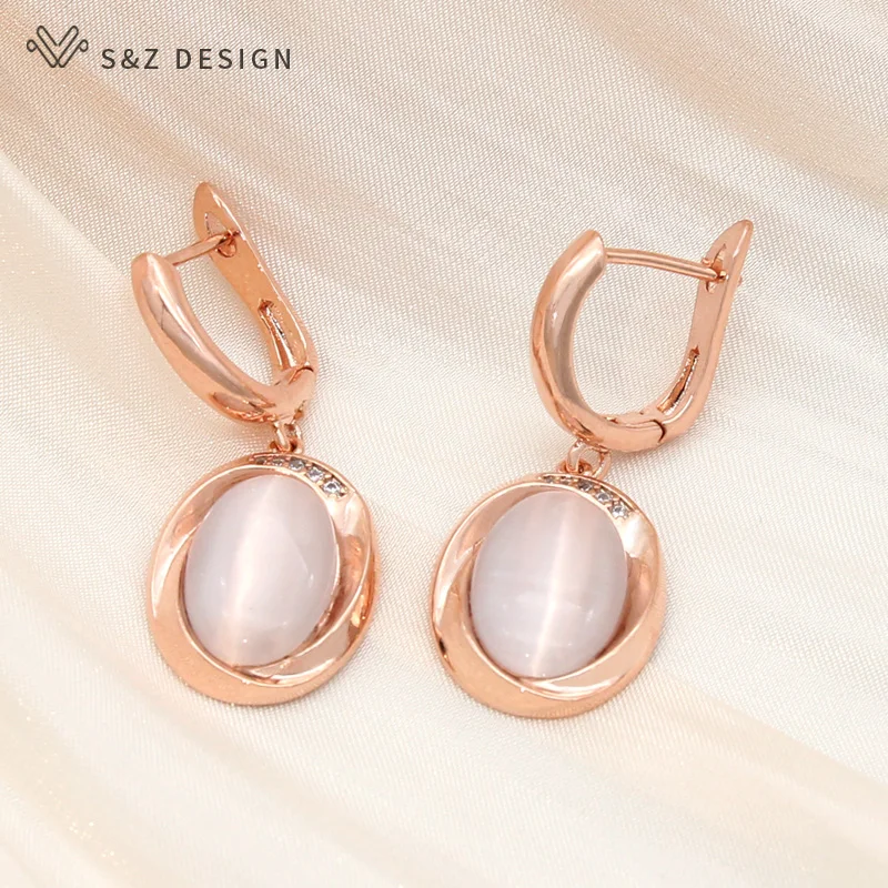 S&Z DESIGN New Elegant 585 Rose Gold Color Egg Shape Oval Cat's Eye Dangle Earrings For Women Wedding Natural Zircon Jewelry