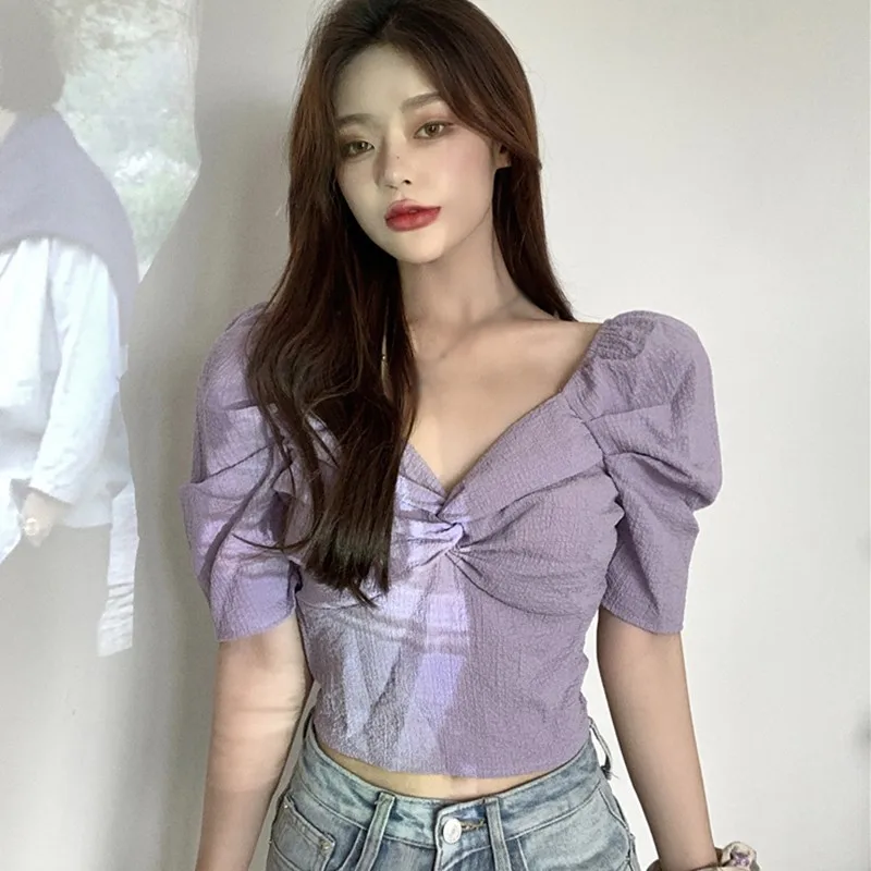 Women's Solid Color Elegant Blouses Short Sleeve Ladies Summer V Neck Shirt Korean Style Tops 2020 6