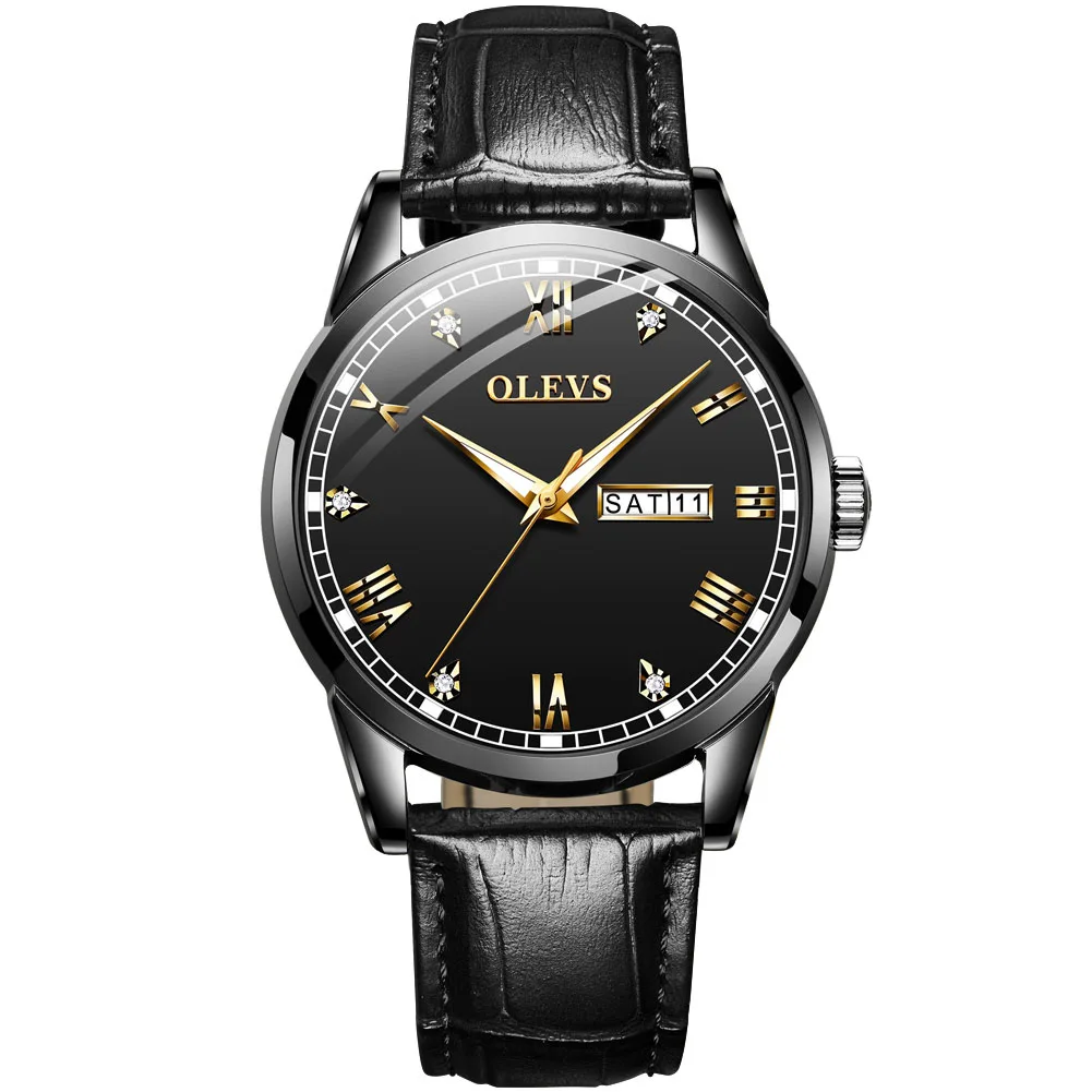 OLEVS часы мужские коричневые кожаные кварцевые Авто Дата Календарь бренд водонепроницаемые Бизнес наручные часы модные мужские - Цвет: All Black