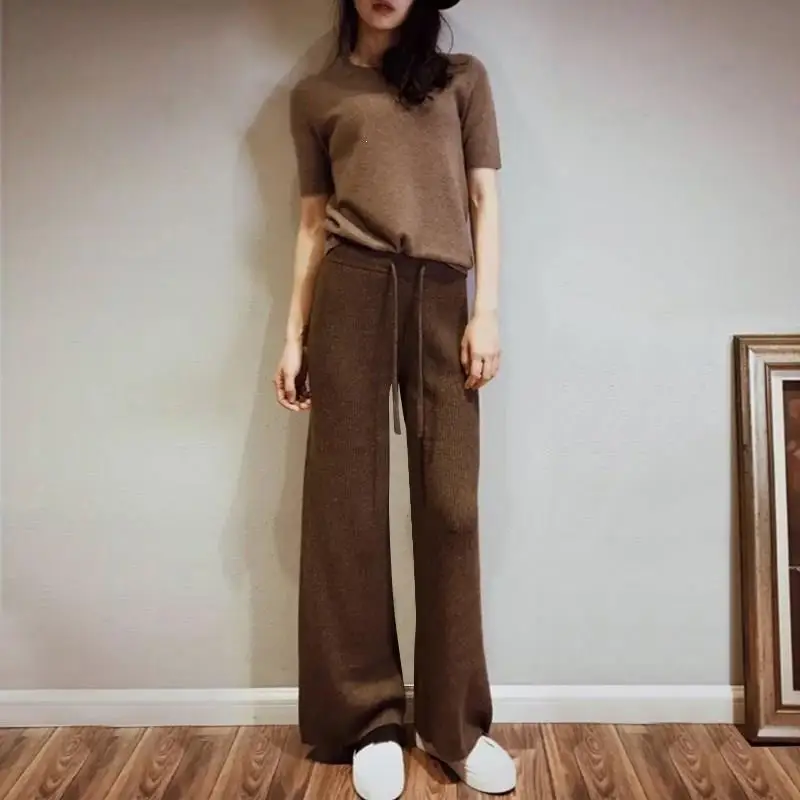 

Women High Waist Cashmere Pants Solid Casual Loose Trousers Wide Leg Pants Autumn Winter Sweater Knitted Pants