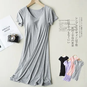 

Modal Women's Summer with Chest Pad Short Sleeve Nightgown Non-Steel Ring Hole-Bra Cup One-piece Home Wear