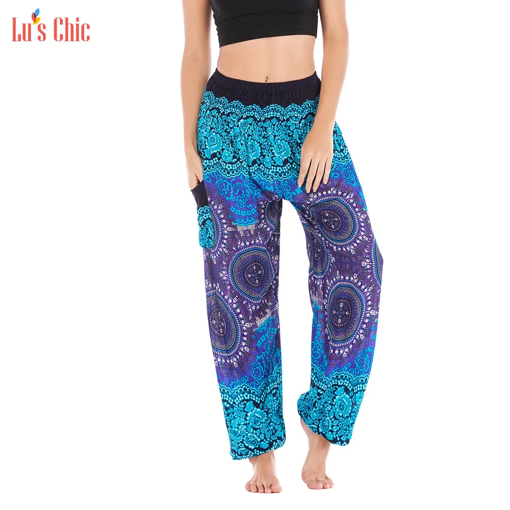 

Lu's Chic Women Boho Pants Harem High Smocked Waist Print Hippie Palazzo Workout Beach Pants Causal Trousers