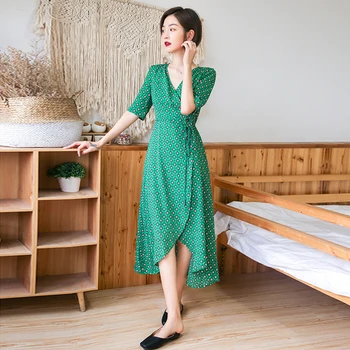 

Casual 2020 Brief Korean Print Dresses High Waist V Neck Chiffo Dresses Irregular Loose Fashion Women Dress