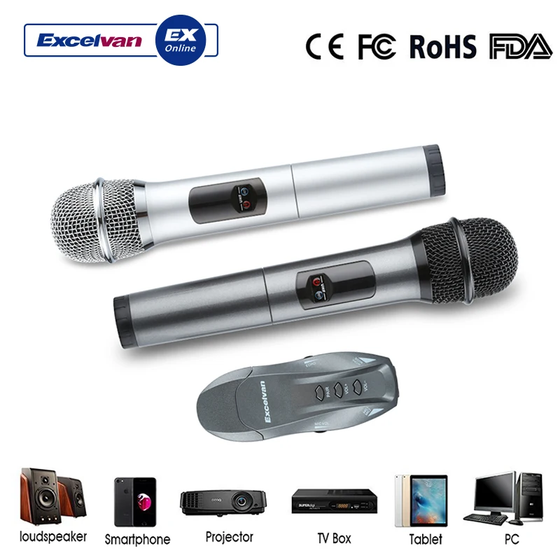 

Excelvan Professional Bluetooth Microphone Two Wireless Handheld Microfones 1 Receiver Kit AUX Line-in Computer KTV Mic 10 CH