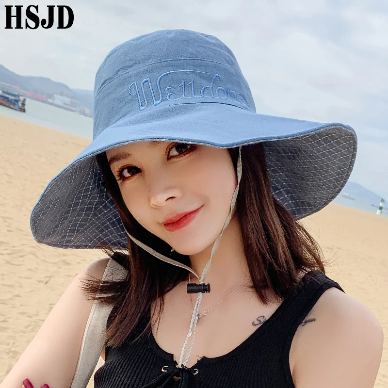 

Women Summer Double-Sided Plaid Sun Hat Large Wide Brim Foldable Anti-UV Beach Floppy Hat Fashion Female Panama Flat Caps+Rope