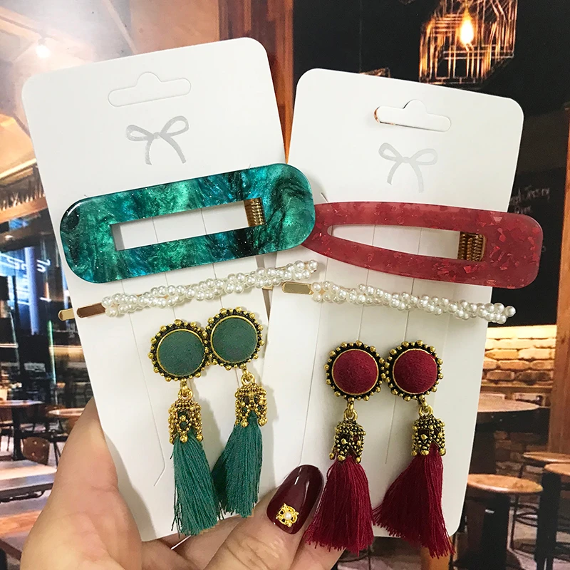 Fashion Earrings Set Pearl Hair Clips Barrettes and Tassel Earring For Women Acrylic Hairpins Sweet Girls Hair Accessories 2020