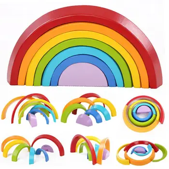 

7Pcs Wooden Rainbow Stacking Nesting Puzzle Blocks Stacker Learning Game Geometry Building Blocks Montessori Educational Toys