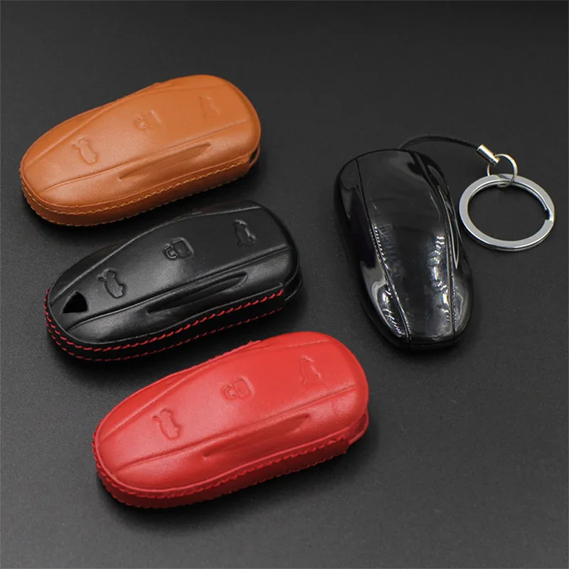 

Black Red Genuine Leather Car Key Protection Case Full Protective Key Fob for Tesla Model X S