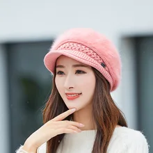 Осенне-зимний женский утолщенный шерстяной берет с утиным язычком, вязаная шапка из кроличьей шерсти, теплая шапка, одноцветная шапка с карнизом