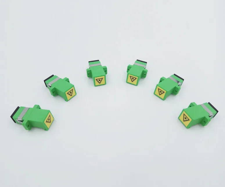 sc/apc connector auto shutter sidewise dust cap simplex green plastic housing with flange fiber sc apc adapter