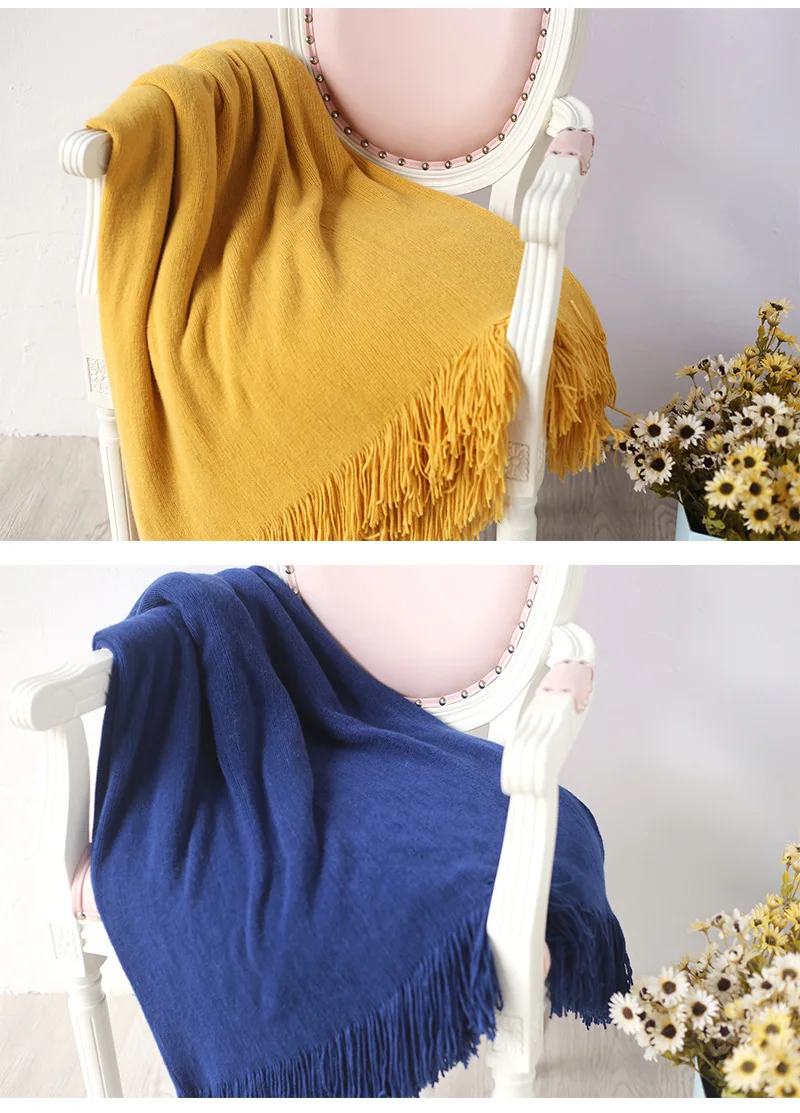 INS solid color tassel blanket fashion comfortable air conditioning shawl blanket home simple travel blanket