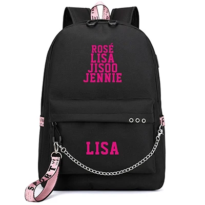 BlackPink Rose Lisa JENNIE USB Backpack School Bags Ptgirl Mochila Travel Bags Laptop Chain USB Port Backpack Bolsas Mochilas - Цвет: I-Black
