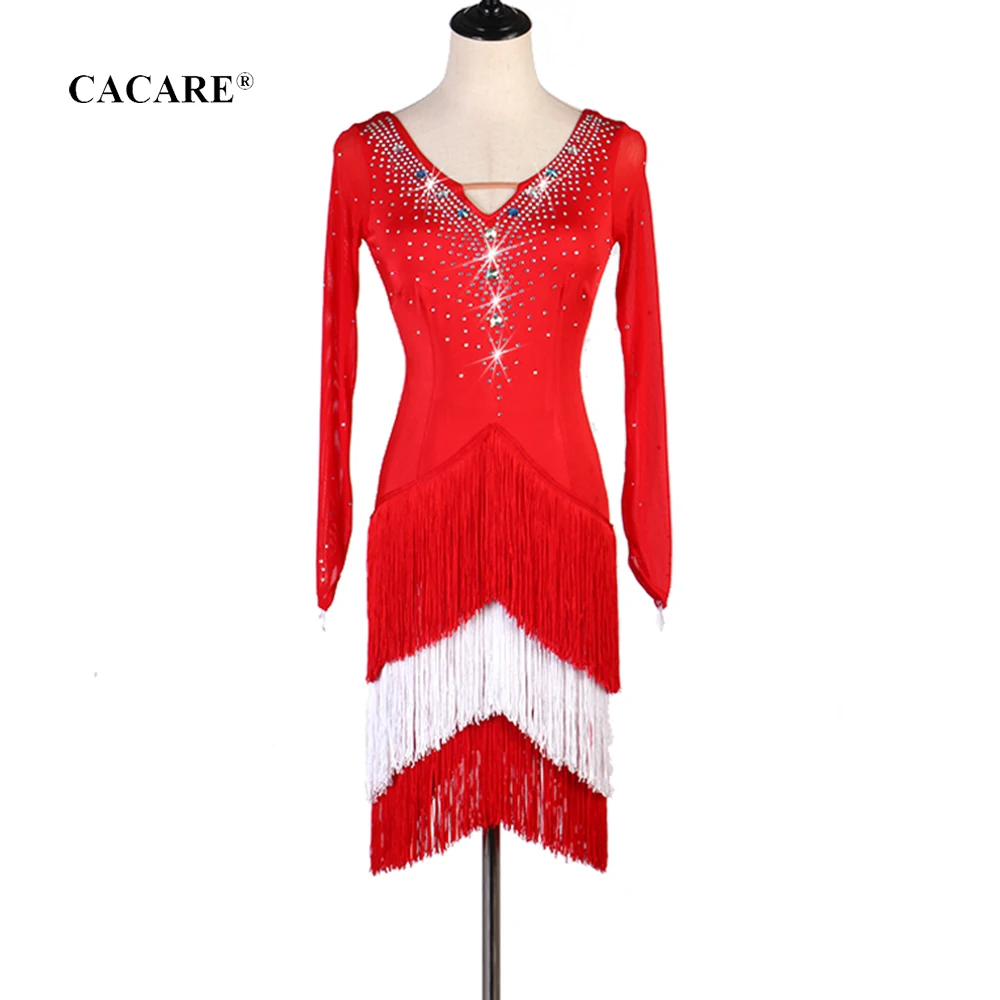 CACARE латинский танец сальсы платье для женщин платье с бахромой для латиноамериканских танцев конкурс латиноамериканских танцев платья D0695 кисточки подол сетки рукав