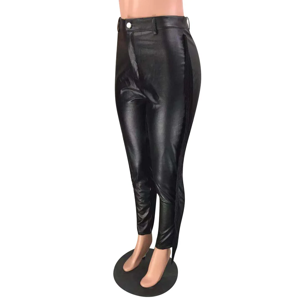Повседневные Черные женские узкие брюки с кисточками и высокой эластичностью из искусственной кожи, осенние и зимние сексуальные брюки, Клубная одежда, уличная одежда