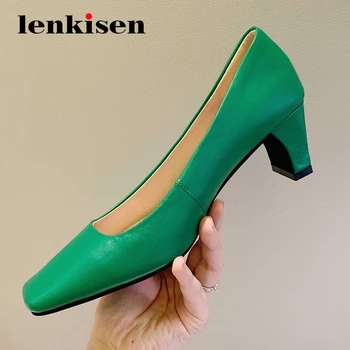 

Lenkisen european style cow leather design fashion square toe thick high heel slip on pretty girls dance party women pumps L52
