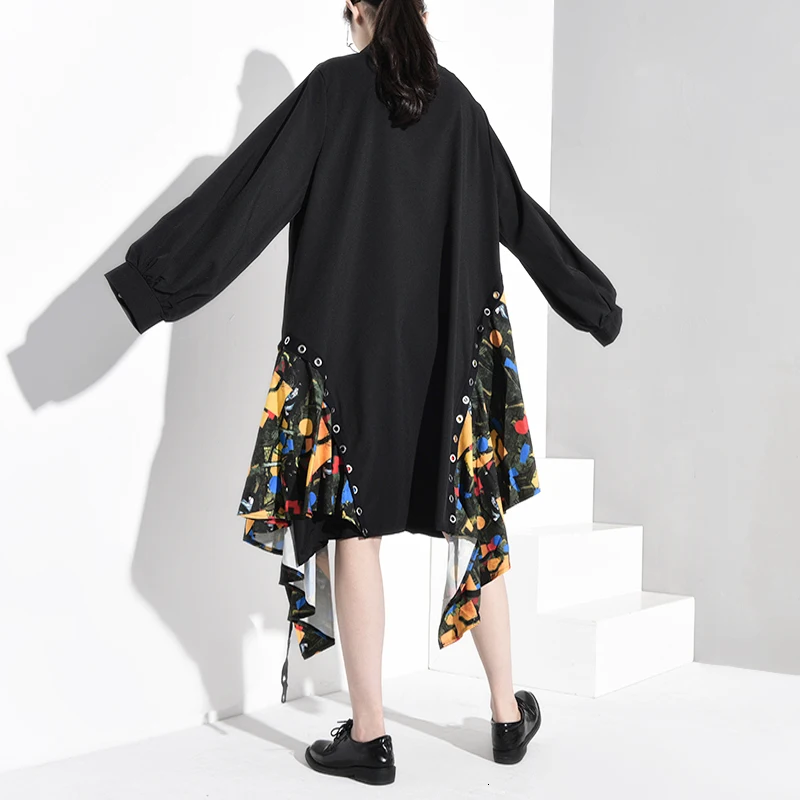 [EAM] Women Black Print Asymmetrical Big Size Shirt Dress New Lapel Long Sleeve Loose Fit Fashion Spring Autumn 1B060