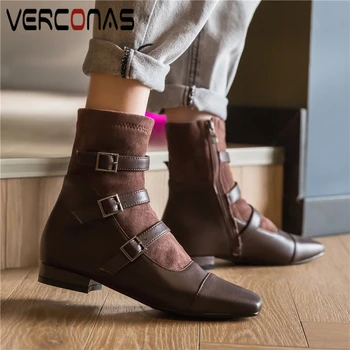 

VERCONAS Women Ankle Boots Autumn Winter Low Heels Shoes Woman New Buckle Square Toe Genuine Leather Side Zipper Stretch Boots
