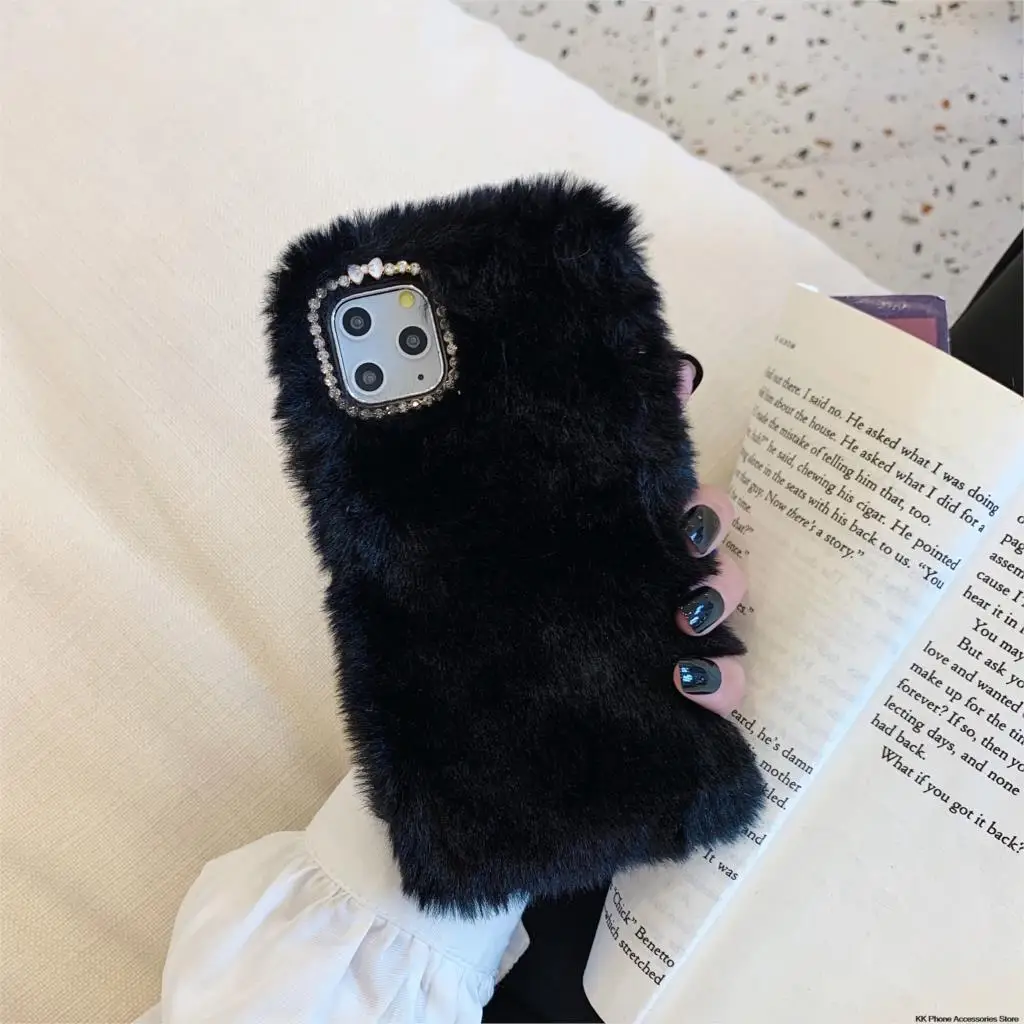 Black Rabbit Fluffy Hair Case For iPhone 11 Pro Max 6 6s 7 8 Plus X 10 XR Warm Furry Back Cover For iPhone XS Max 5 5s SE Phone Cases - Цвет: Black