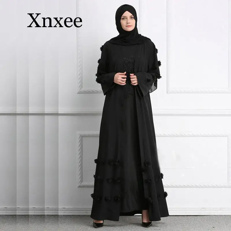 Flower Muslim Dress with Belt Women Dubai Abaya Black Robe Long Sleeve Elegant Design Maxi Dresses Clothes Female Ladies 3 Color