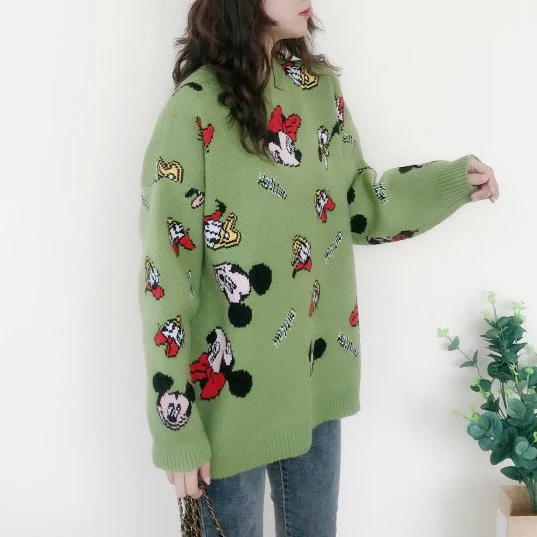 Разноцветный женский свитер с рисунками животных, Осень-зима, джемпер с длинным рукавом,, вязаный СВОБОДНЫЙ Модный пуловер, Женский Топ Харадзюку - Цвет: Зеленый
