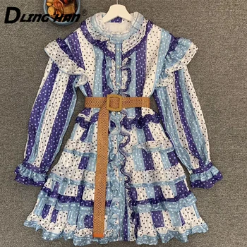 

DLINGHAN Vintage Dot Print Cascading Ruffle Mini Dress Women's Lantern Sleeve Stand collar Dresses
