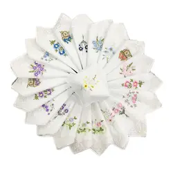 Mouchoir en pur coton pour femmes, 12 pièces, lavable, brodé, pour dames 