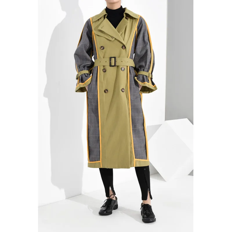 

WKOUD EAM Women Turn Down Collar Leisure Full Sleeve Patchwork Wide Trench Coat Outwear Double Face Loose 2020 New 19F-a68