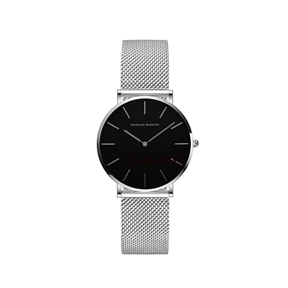 silver and black Модные женские часы из нержавеющей стали с сетчатым ремешком, кварцевые часы с круглым циферблатом, водонепроницаемые Простые повседневные наручные часы - Цвет: silver and black