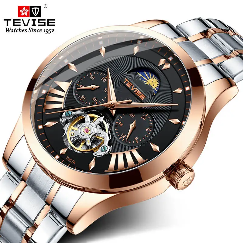 

Luxury Tevise Brand Sun Tourbillon Mens Automatic Mechanical Watch Full Stainless Steel Watch for Mens Gift Relogio Masculino