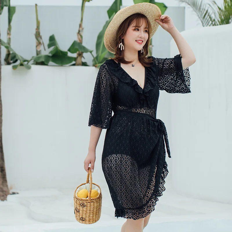 

New Style Large Size Bathing Suit Fat Mm Slimming Bikini Three-piece Set Korean-style Blouse Sexy Hollow out Swimwear Women's