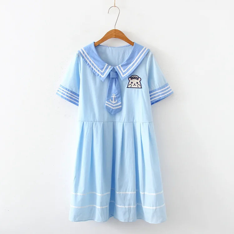 

Summer New Style Navy Collar Stitching Color Pleated Dress Short Sleeve Soft Girl Bear Embroidered Cute Playful S27835