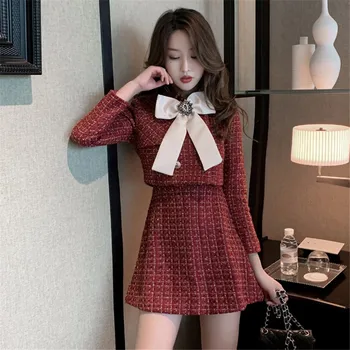 

2020 Spring Women Fashion Outfits Two Pieces Skirt Sets Bowtie Tweed Jackets&Sleeveless Mini Dress Suits Chic 2 Piece Dress Sets