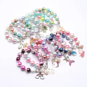 

Fashion Child Kids Beads Bracelets Bangles With Charming Mermaid/Rainbow/flamingos Pendants Beaded Bracelet Bangles